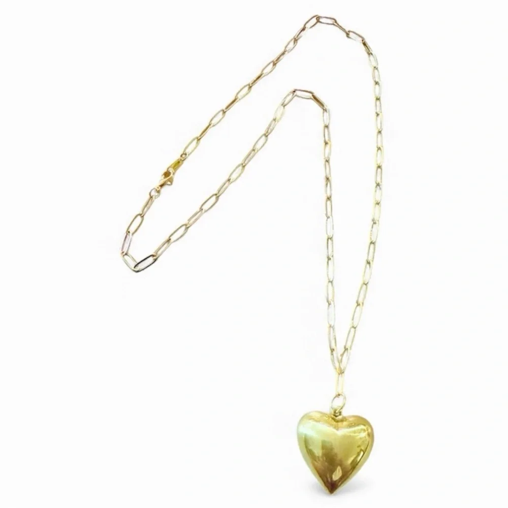 Vintage Brass Puffy Heart Pendant Necklace on a Gold Filled Oval Link Chain, 22”